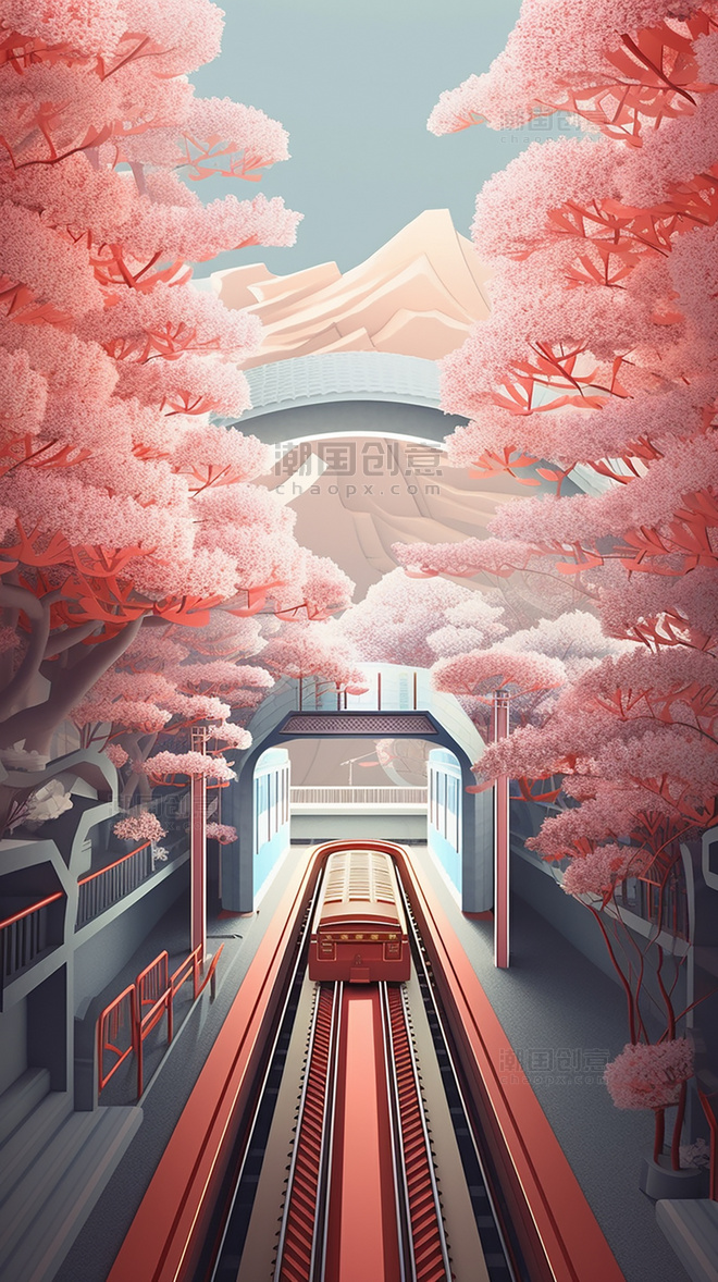粉色樱花隧道剪纸艺术城市春季城市中国超美插图中国建筑平面插图