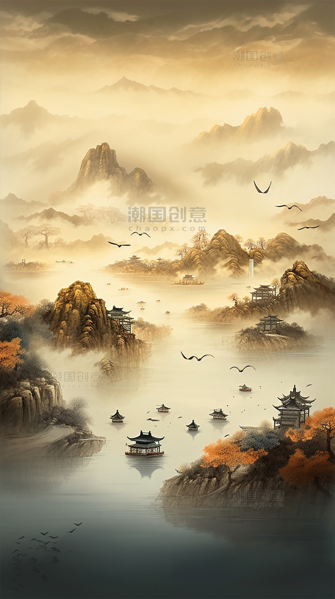 中国风国潮风远山景观图山水壮丽清河船只鸟类风景插图