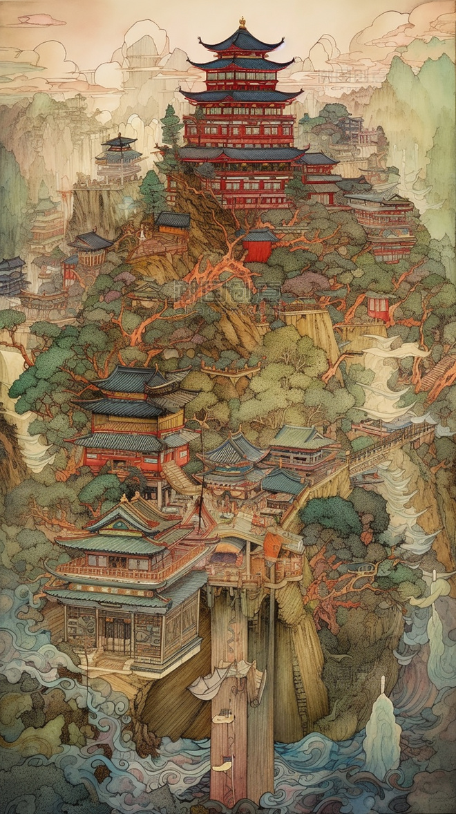 浮世绘山水建筑河流长城水彩画中国传统建筑