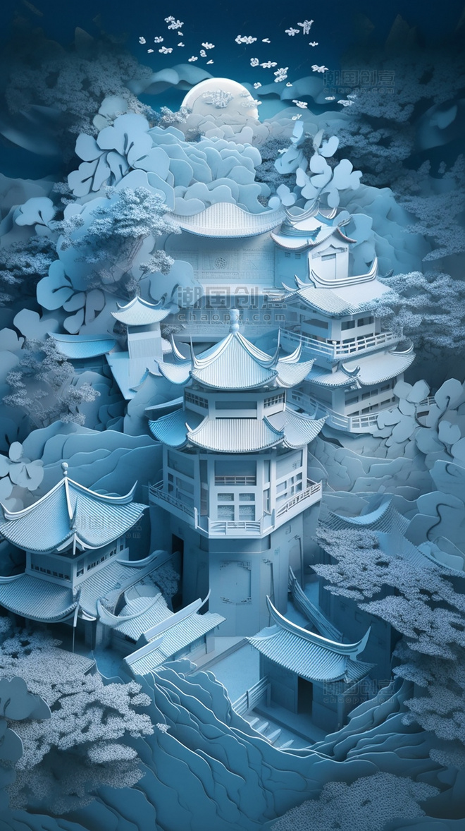 蓝色城市剪纸艺术春季城市中国超美插图中国建筑平面插图