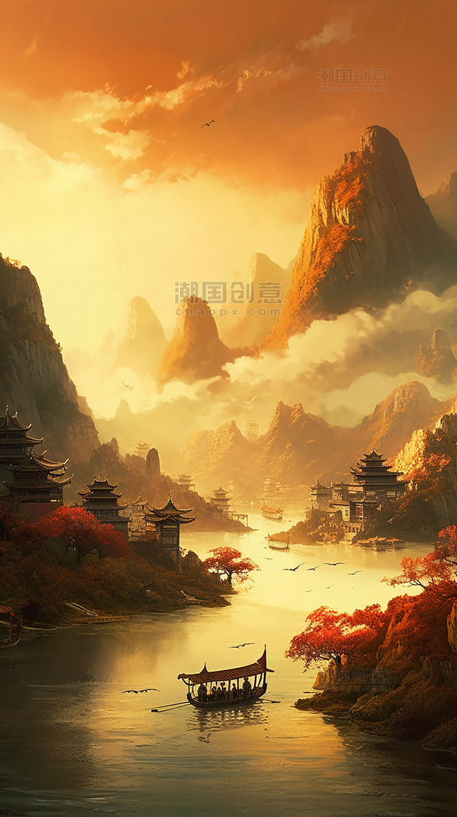 黄昏下的远山景观图山水壮丽中国风国潮风中国风清河船只鸟类风景插图