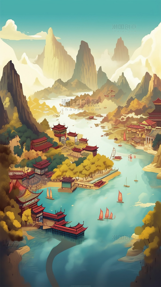 壮丽山河景观图远山国潮风中国风清河船只鸟类风景插图
