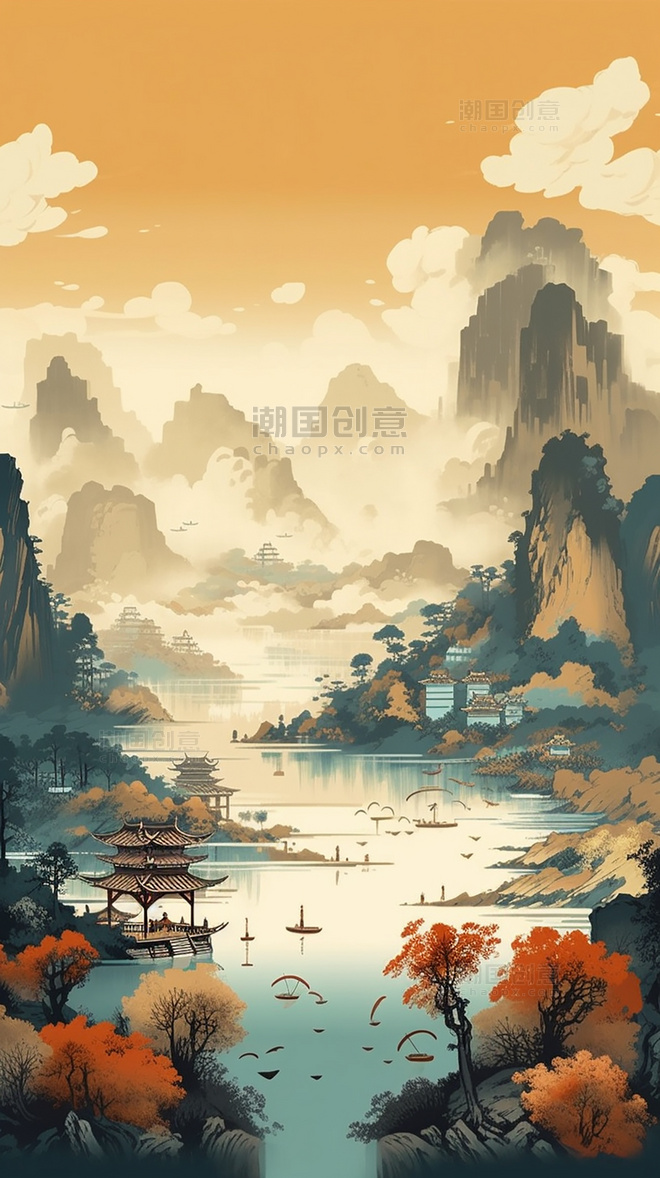 远山景观图山水壮丽中国风国潮风中国风清河船只鸟类风景插图