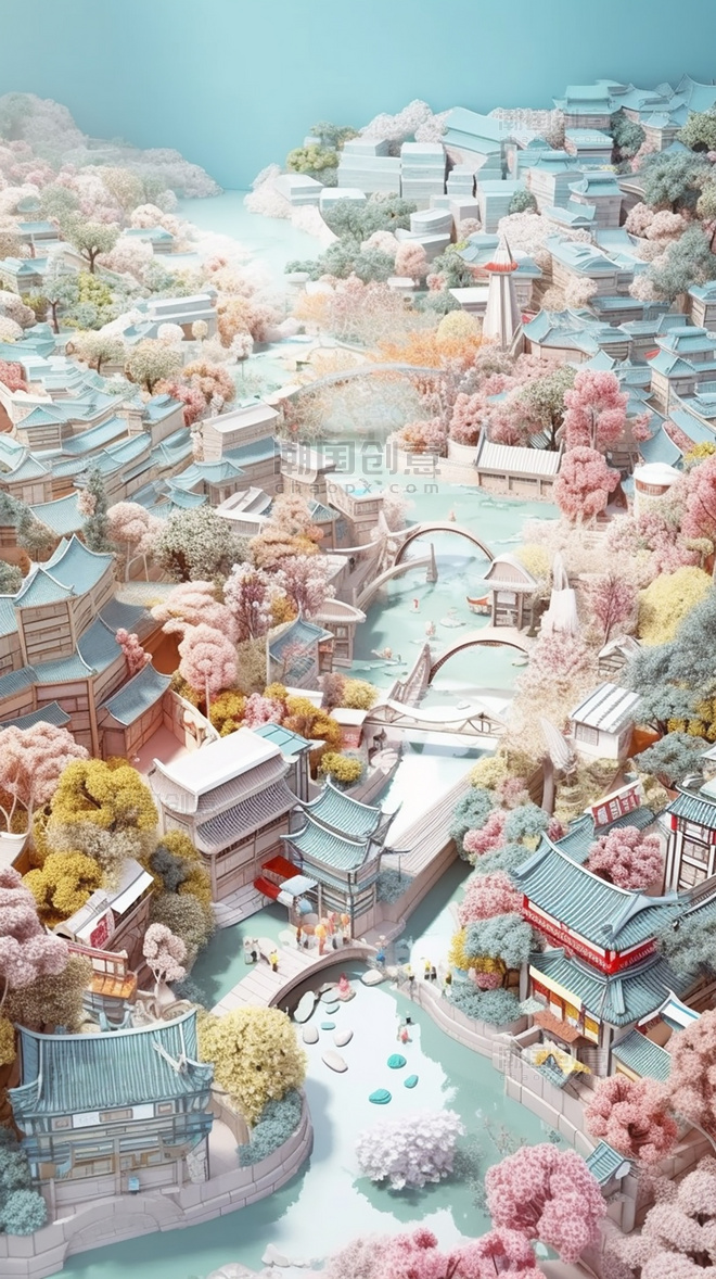 古城剪纸艺术城市春季城市中国超美插图中国建筑平面插图