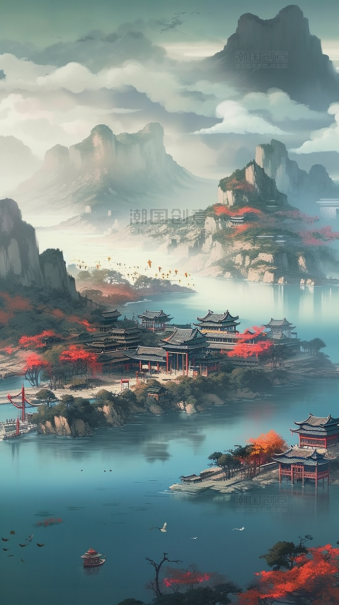 壮丽清河中国风国潮风远山景观图山水船只鸟类风景插图