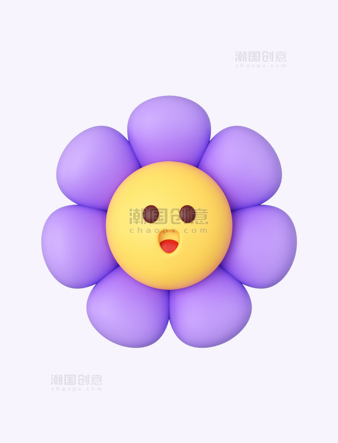 C4D立体紫色表情花朵植物