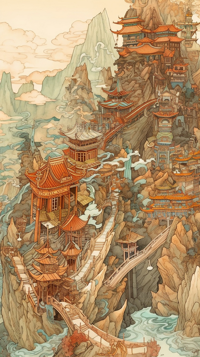浮世绘建造在山上的中国古代建筑山水河流长城水彩画中国传统建筑