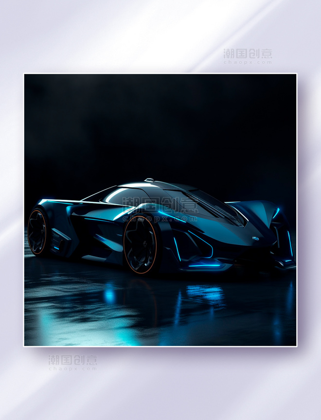 蓝色灯光酷炫暗黑色概念跑车未来感赛车
