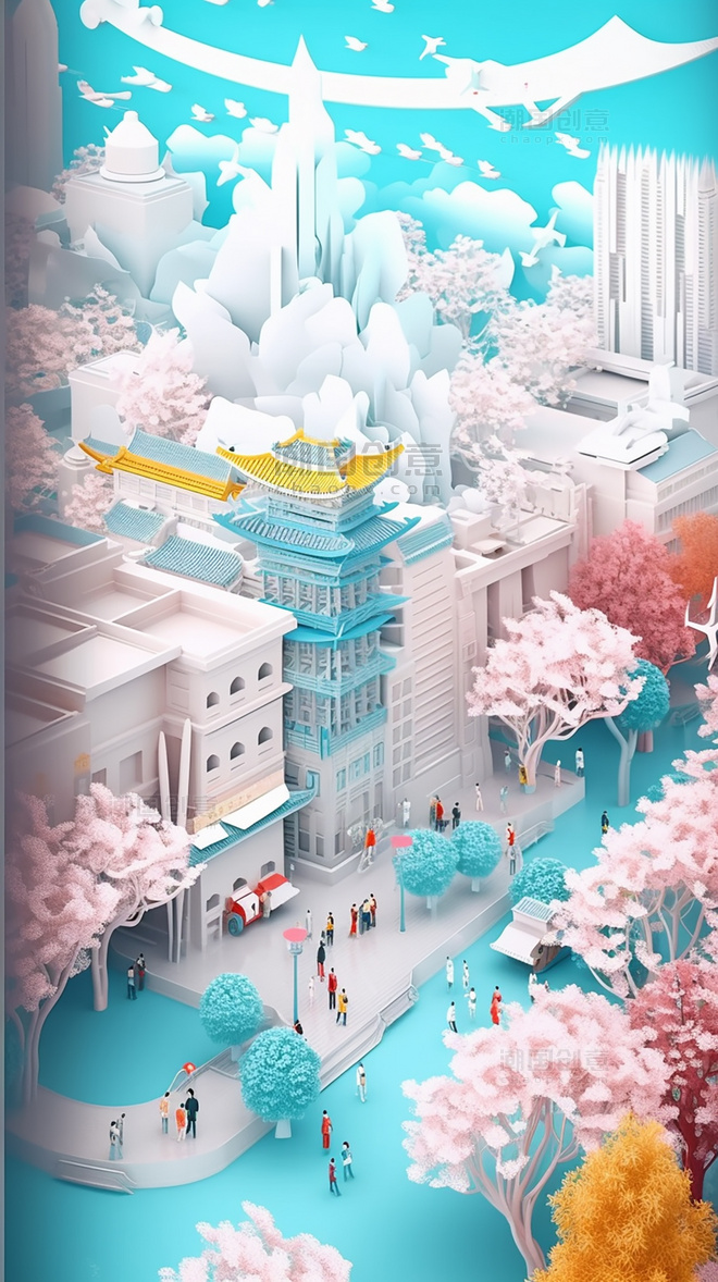 蓝色建筑剪纸艺术春季城市中国超美插图中国建筑平面插图