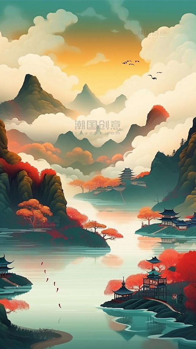 山水壮丽色彩丰富中国风远山景观图国潮风中国风清河船只鸟类风景插图