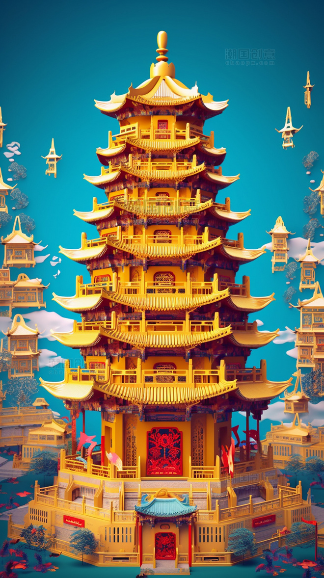 剪纸艺术春季城市中国超美插图中国塔建筑平面插图