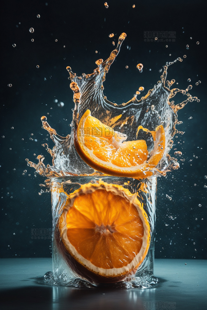 水果一个多汁的橙子溅起了水花AI绘画