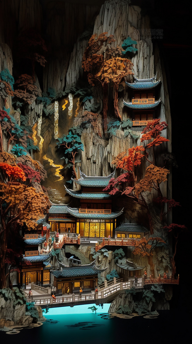 剪纸艺术春季城市中国超美插图中国山上建筑平面插图