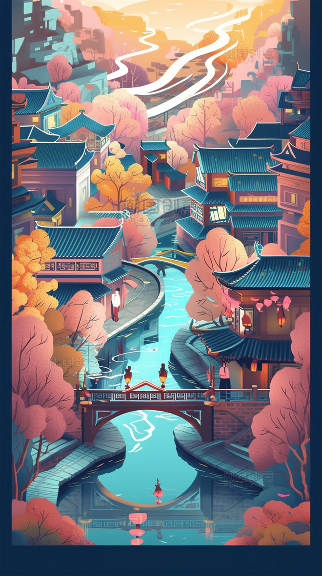 春季城市古城剪纸艺术城市中国超美插图中国建筑平面插图