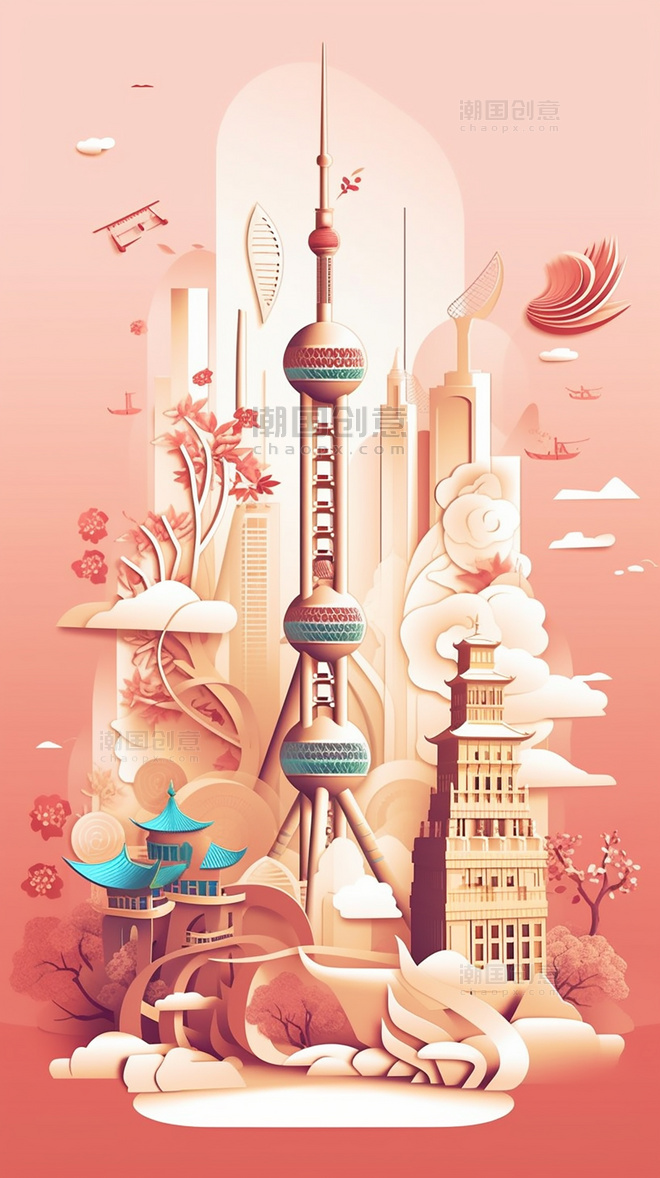 春季城市剪纸艺术中国超美插图中国上海东方明珠平面插图