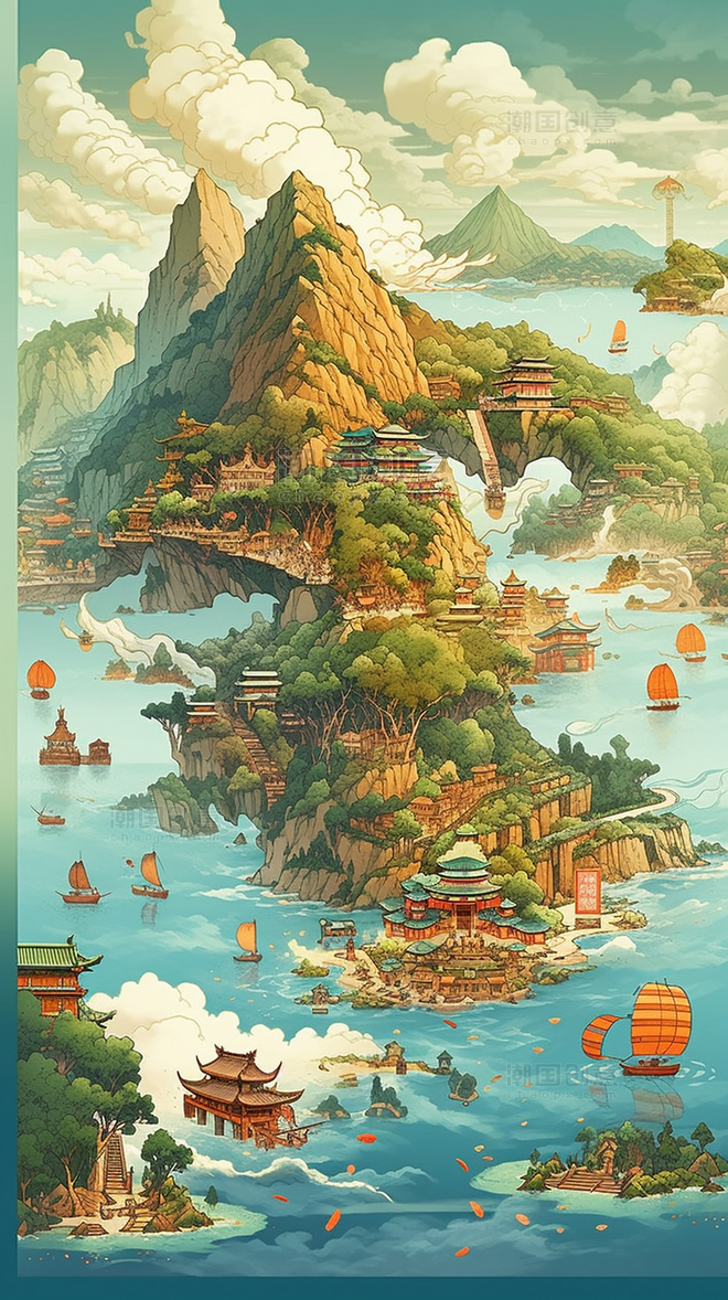 国潮风中国风远山景观图山水壮丽清河船只鸟类风景插图