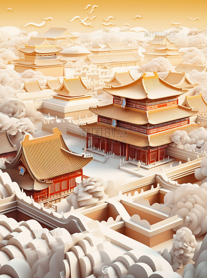 剪纸风格紫禁城数字艺术雪背景