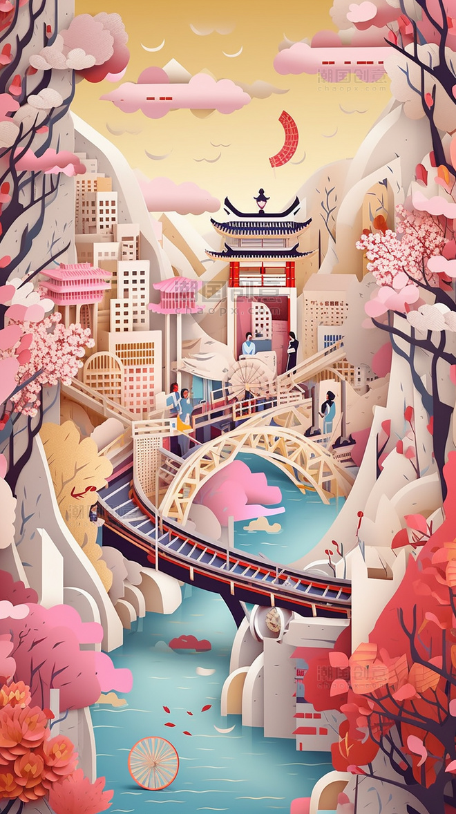 剪纸艺术城市春季城市中国超美插图中国建筑平面插图