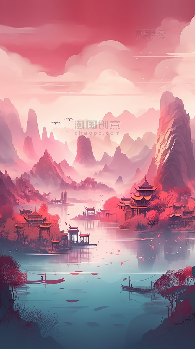 壮丽山河色彩鲜明景观图远山国潮风中国风清河船只鸟类风景插图
