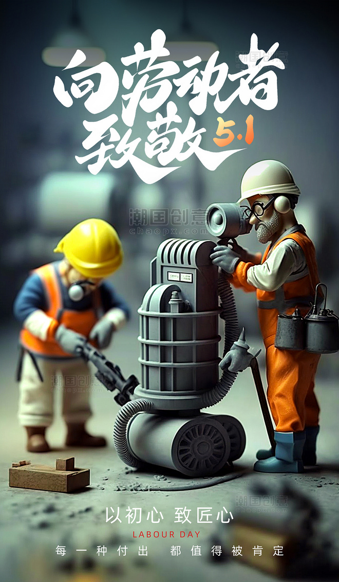 3D工人微缩世界五一劳动节51致敬劳动者节日海报