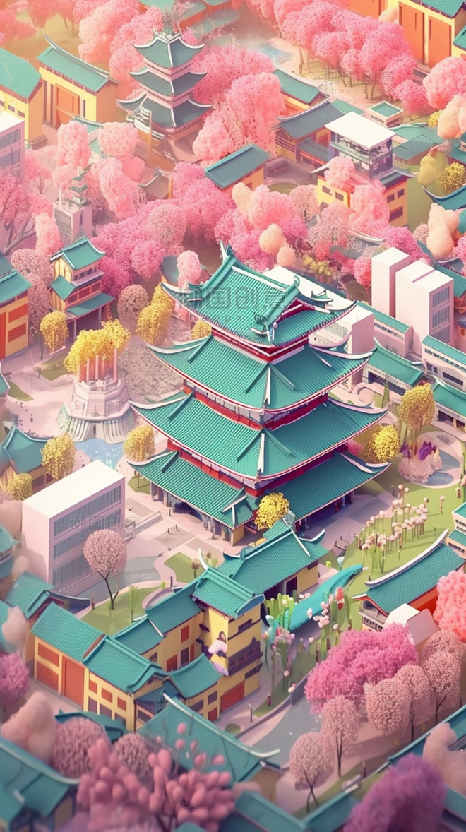 粉色城市剪纸艺术春季城市中国超美插图中国建筑平面插图