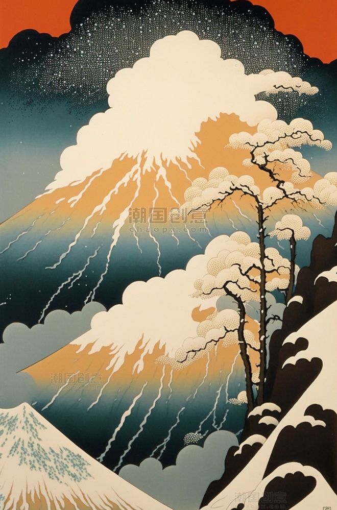 雪山日本浮世绘古风唯美插画