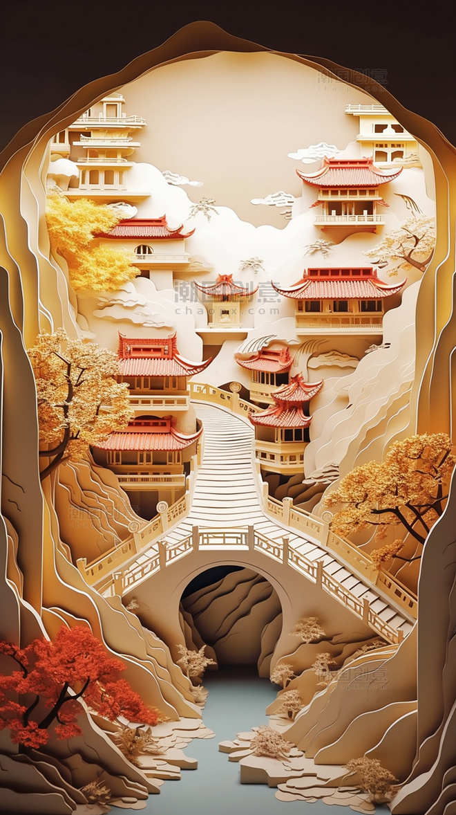 中国超美插图重庆洪崖洞春季城市剪纸艺术中国建筑平面插图