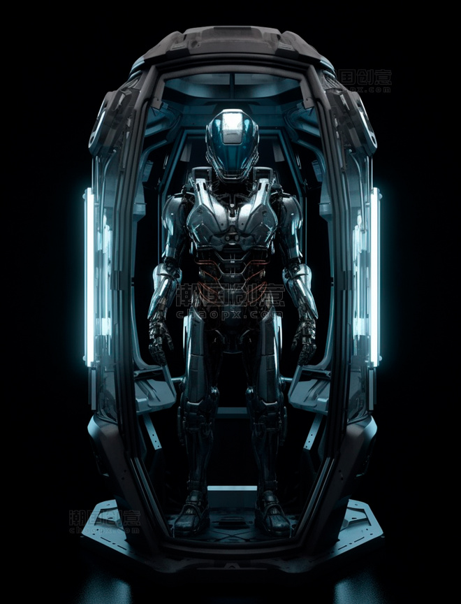 在太空仓里准备出发战斗的暗黑智能科幻机器人科技