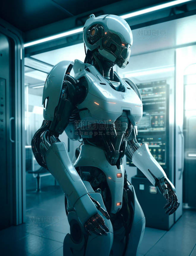 白橙配色智能机甲人形未来机器人站在机房门口科技