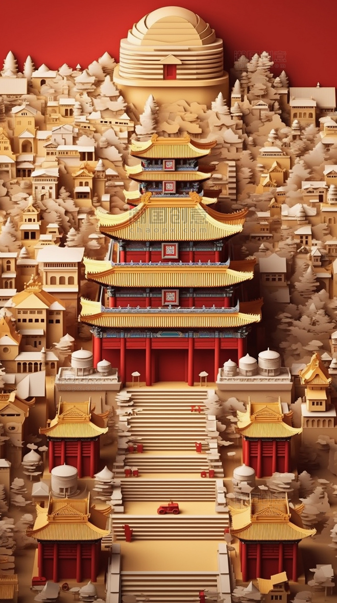北京故宫中国超美插图春季城市剪纸艺术中国建筑平面插图
