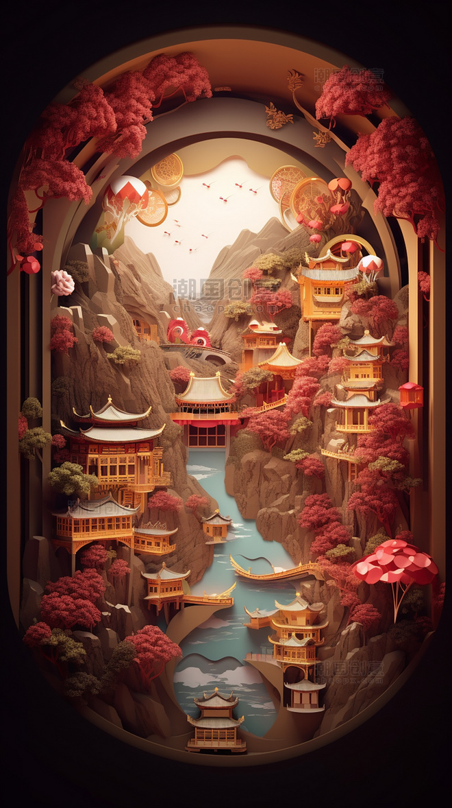 超美重庆洪崖洞中国超美插图春季城市剪纸艺术中国建筑平面插图
