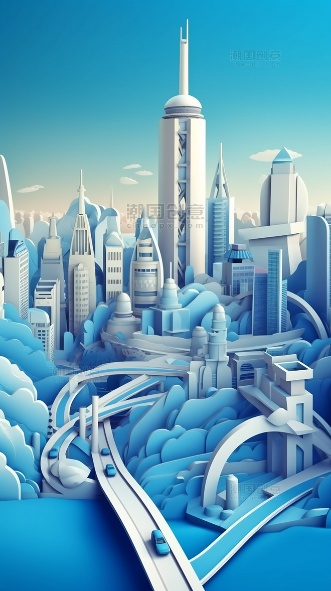 建筑蓝色广州塔中国超美插图春季城市剪纸艺术中国建筑平面插图