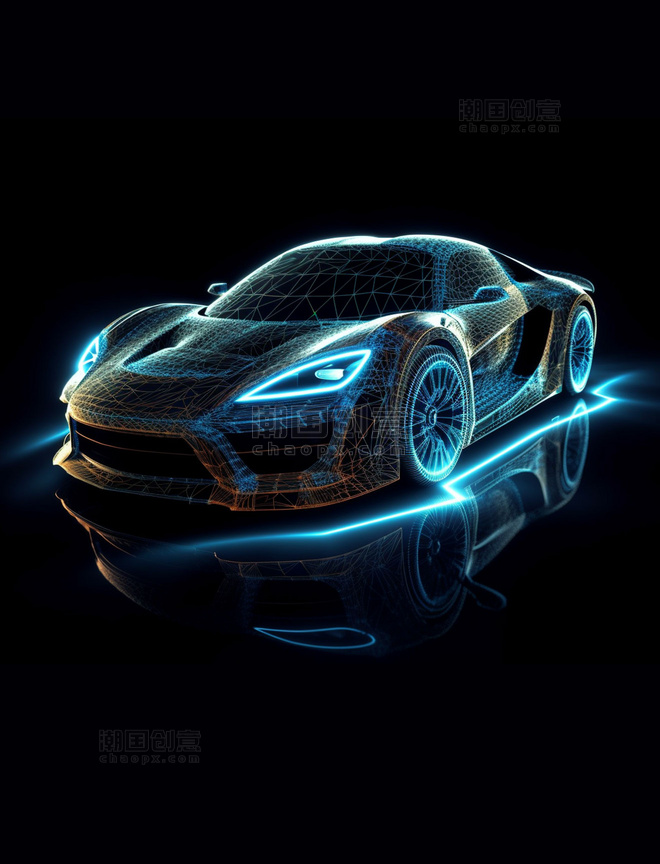 蓝色光线透视感线条科技跑车未来概念汽车展示图