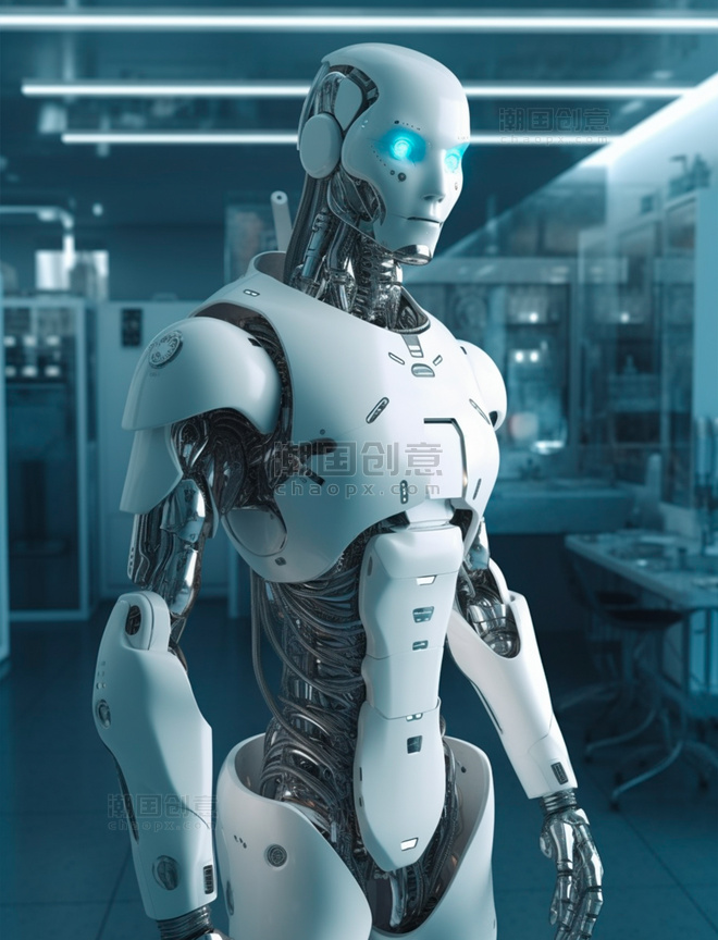 白色仿人形超智能医疗机器人站在无菌医疗室里科技