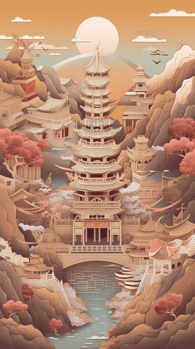 西安钟鼓楼中国超美插图春季城市剪纸艺术中国建筑平面插图