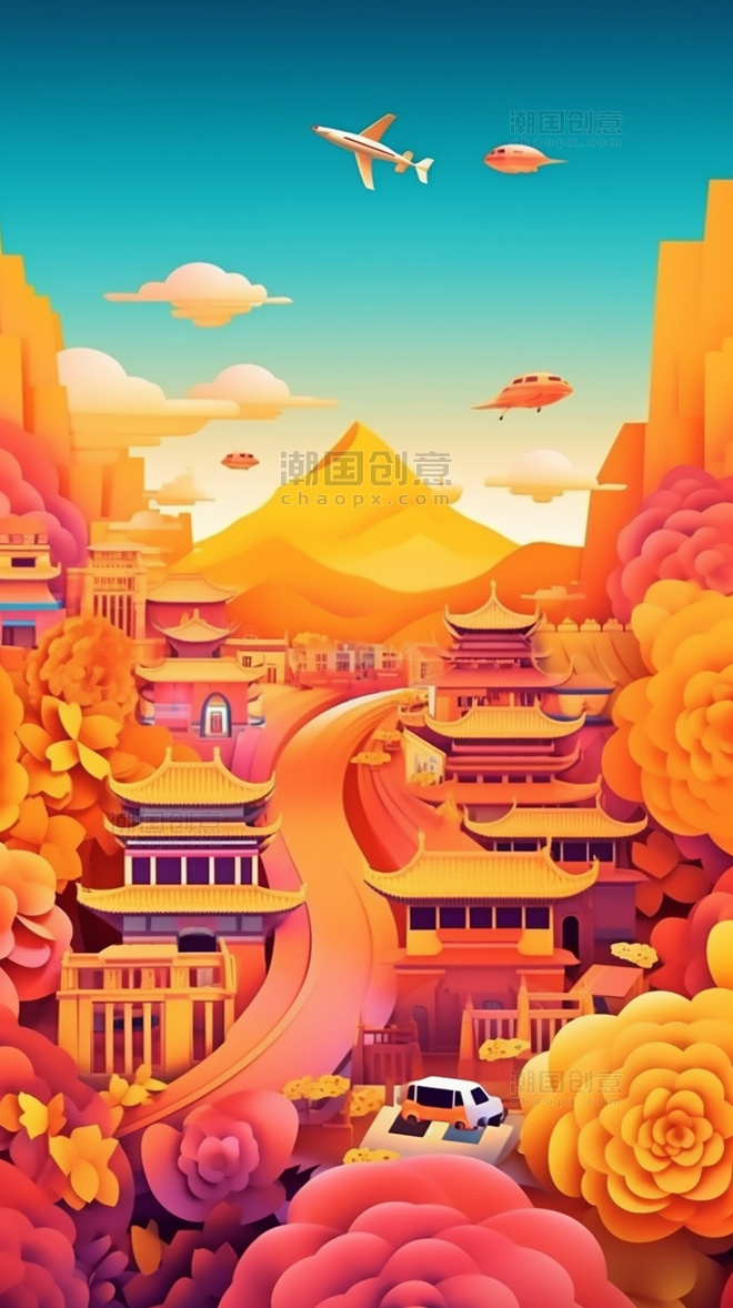 剪纸艺术北京故宫红色春季城市中国超美插图中国建筑平面插图