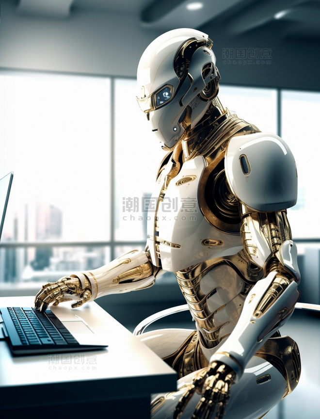 白金配色的未来智能机器人半蹲着打电脑科技