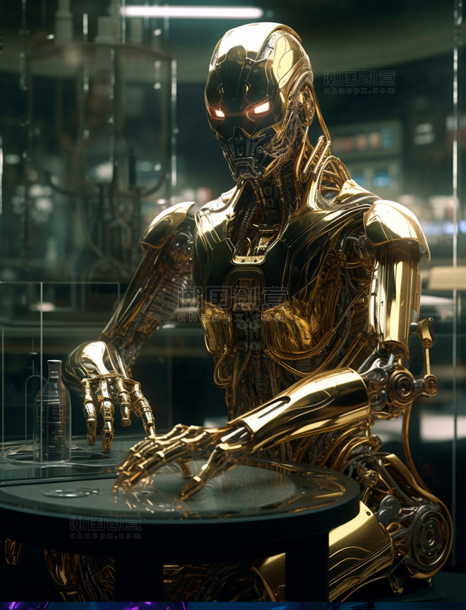 金色高级科幻智能机器人在实验室里做实验科技