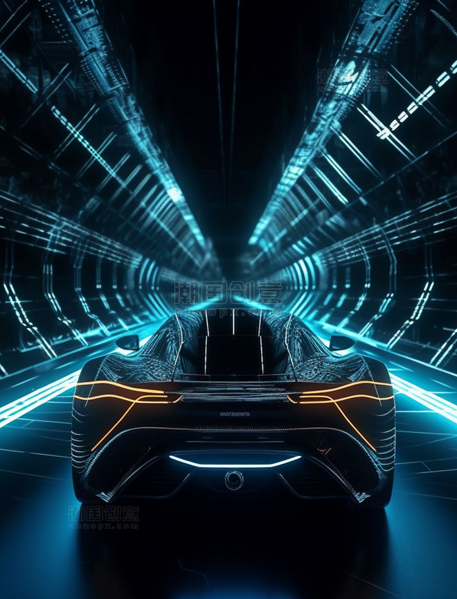 蓝色光线的未来感隧道里一辆超酷的暗黑色超跑