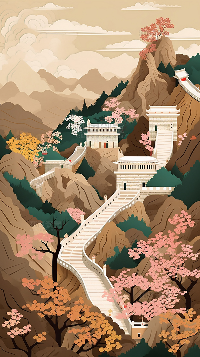 北京长城春季城市剪纸艺术中国超美插图中国建筑平面插图