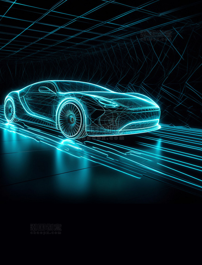 蓝色光线科技感线条概念透视感跑车