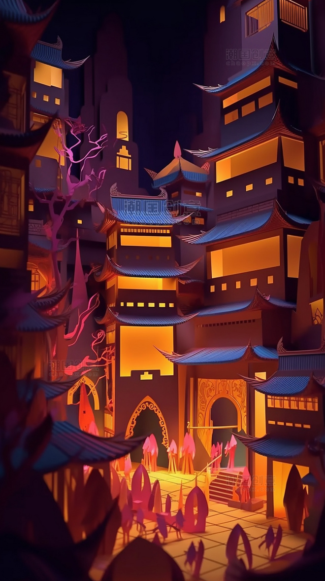 西安大唐不夜城中国超美插图春季城市剪纸艺术中国建筑平面插图