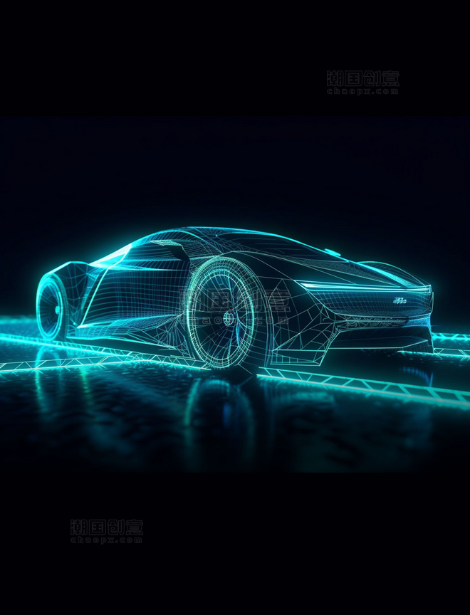 蓝色光线透视感线条科技汽车跑车概念图