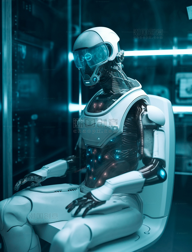 机器人坐在办公室的椅子上检查机器科技