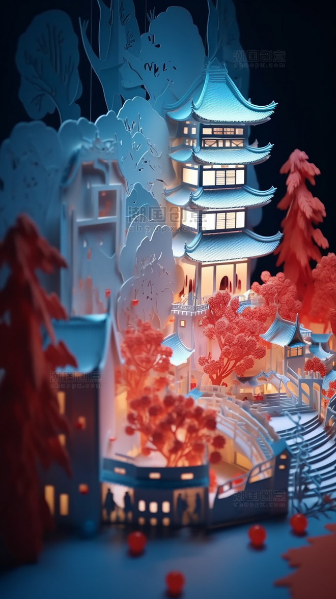  西安大雁塔夜景中国超美插图春季城市剪纸艺术中国建筑平面插图