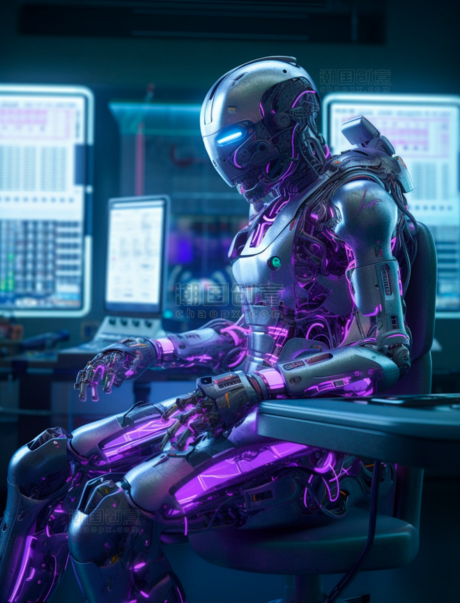 银紫色的超智能炫酷机器人坐在椅子上休息科技