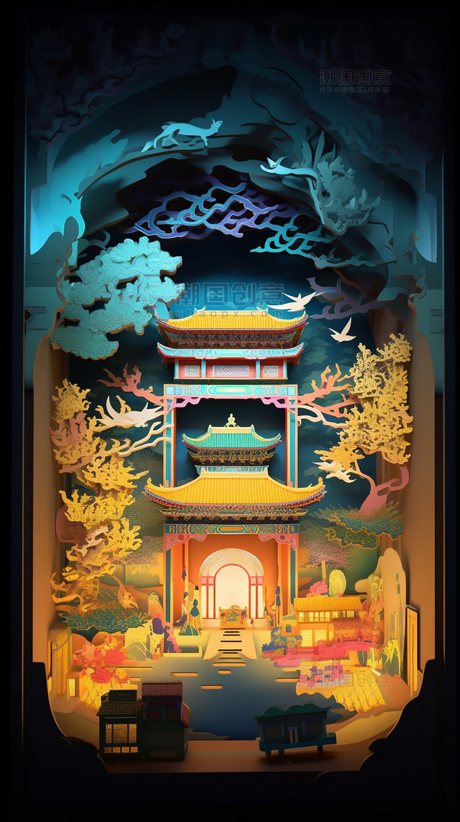 中国超美插图西安钟鼓楼春季城市剪纸艺术中国建筑平面插图