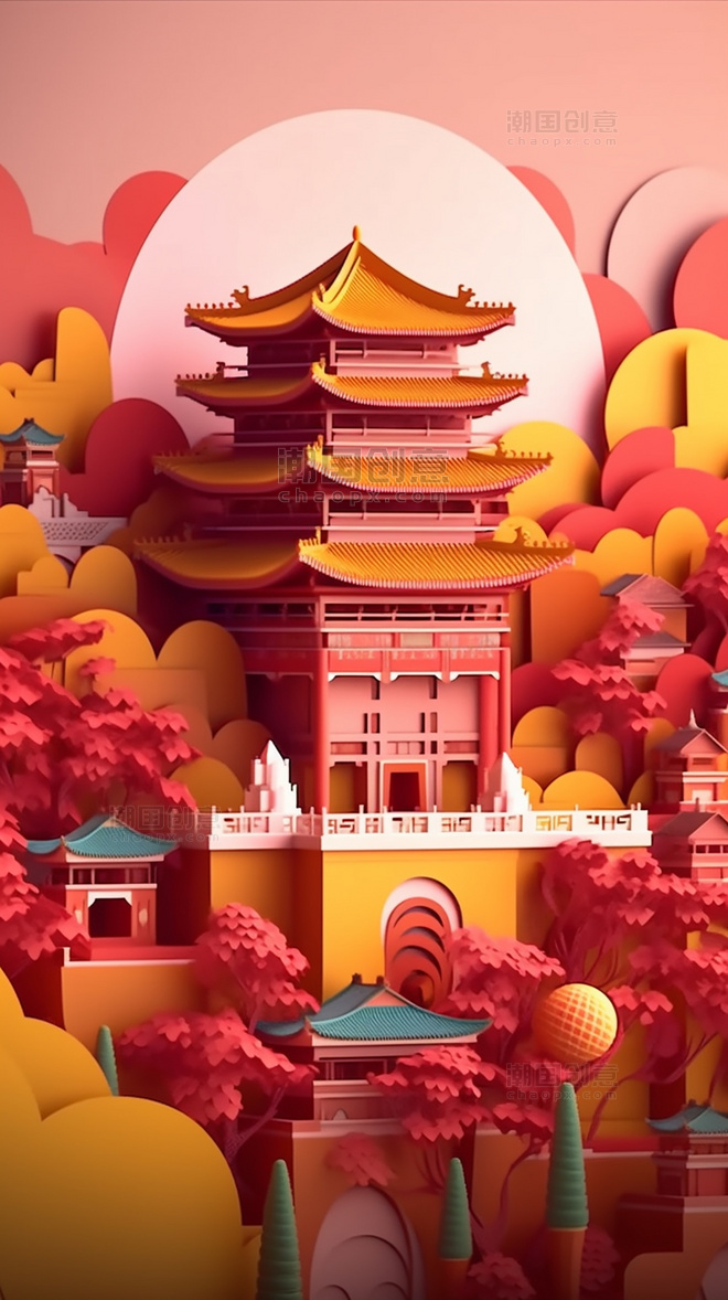 北京故宫红色春季城市剪纸艺术中国超美插图中国建筑平面插图