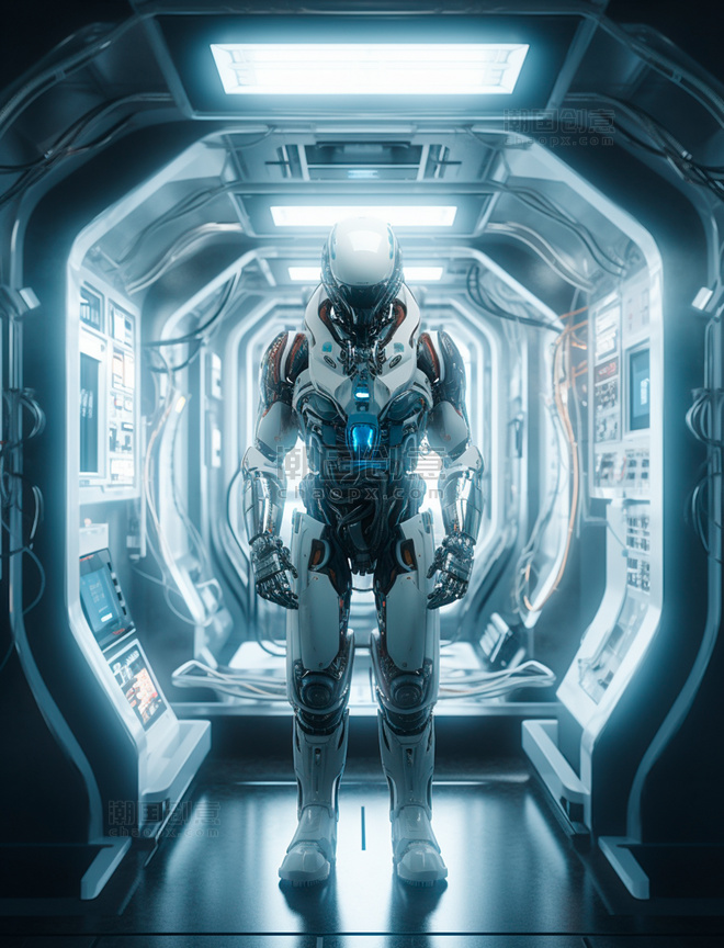 站在太空舱里的白色人型智能机器人科技