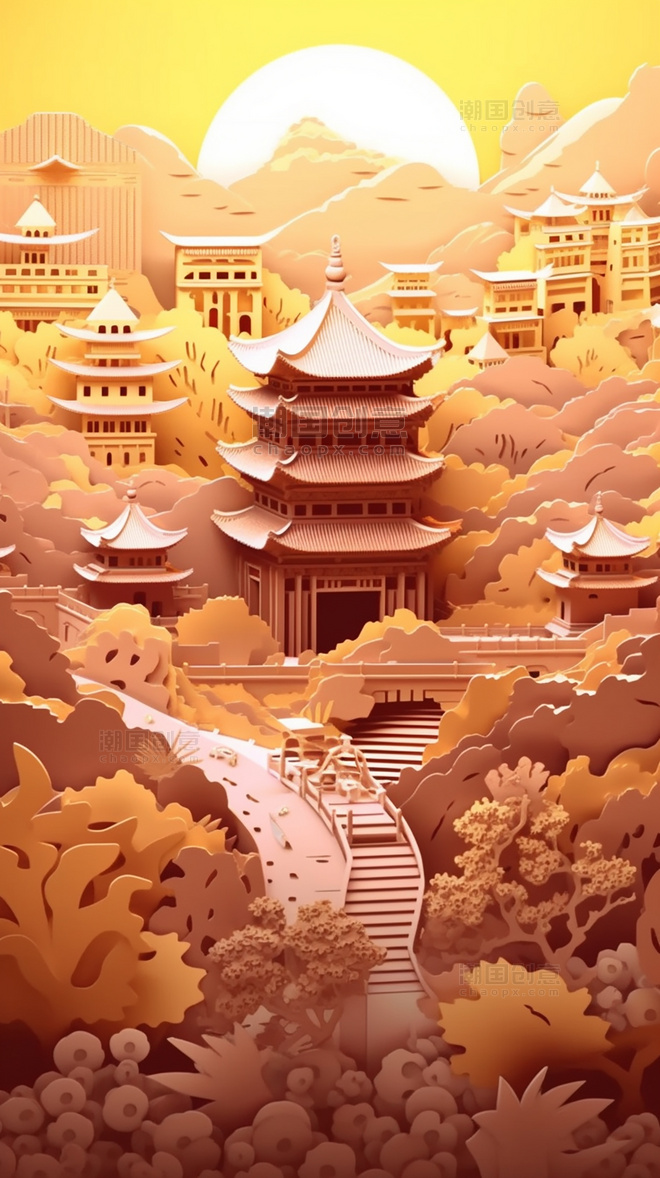 秋季西安大雁塔中国超美插图春季城市剪纸艺术中国建筑平面插图
